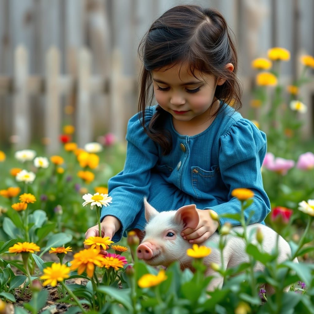 Girl Picking Flowers with Pig in Garden