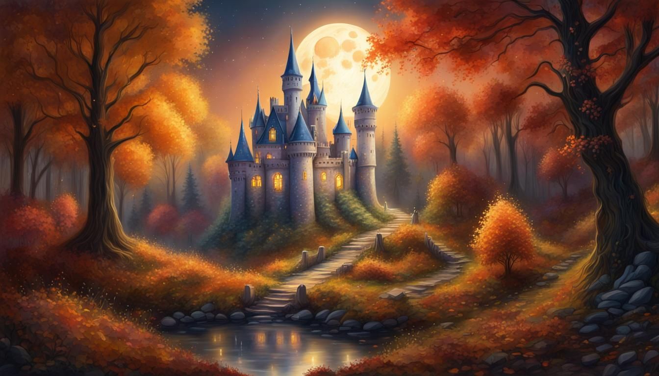 Fairytale Castle in Moonlit Autumn Forest Painting