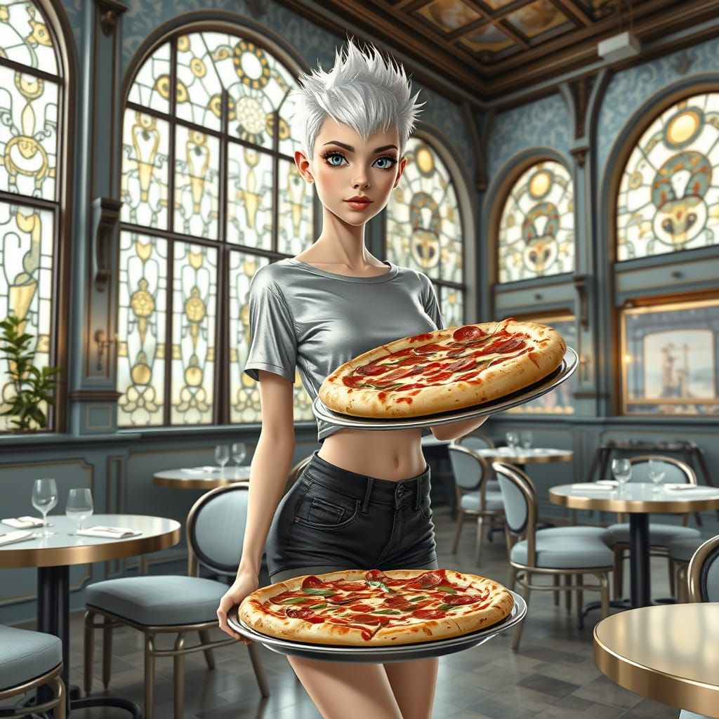 Art Nouveau Cafe with Pizza Delivery in Sci-Fi Style