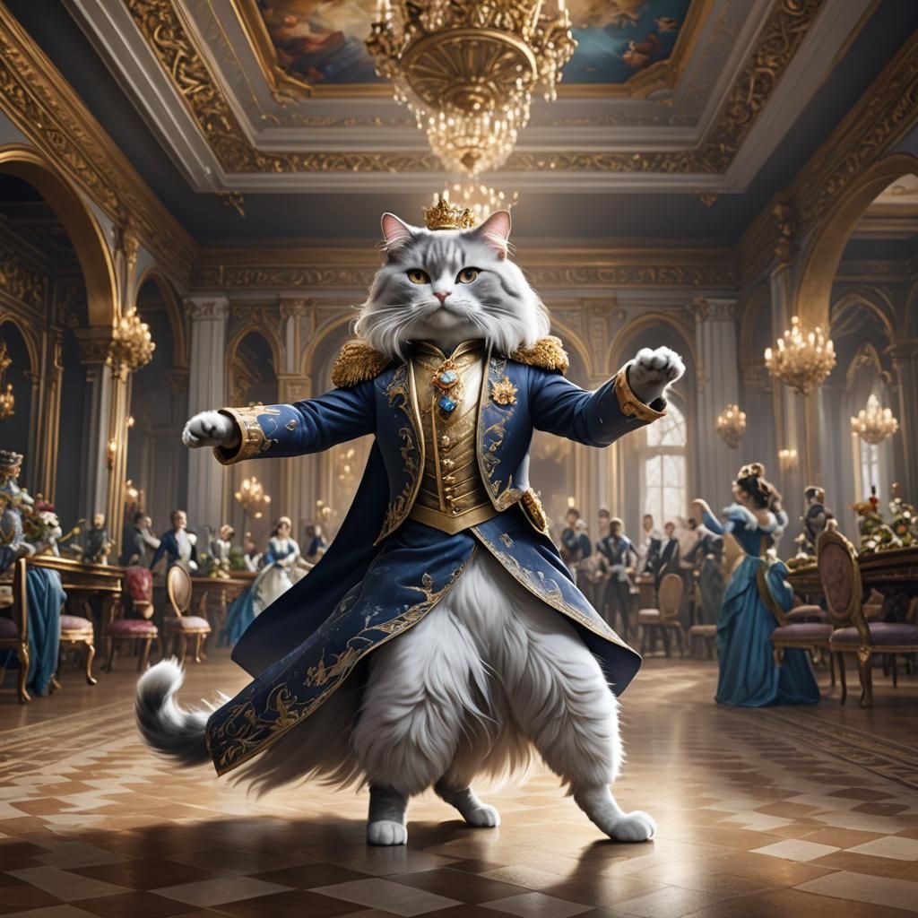 Cats as Royalty Dancing in a Ballroom
