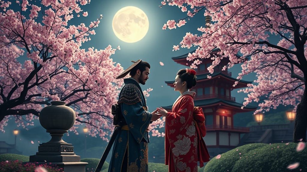 Romantic Samurai and Geisha Kiss Under Cherry Blossoms