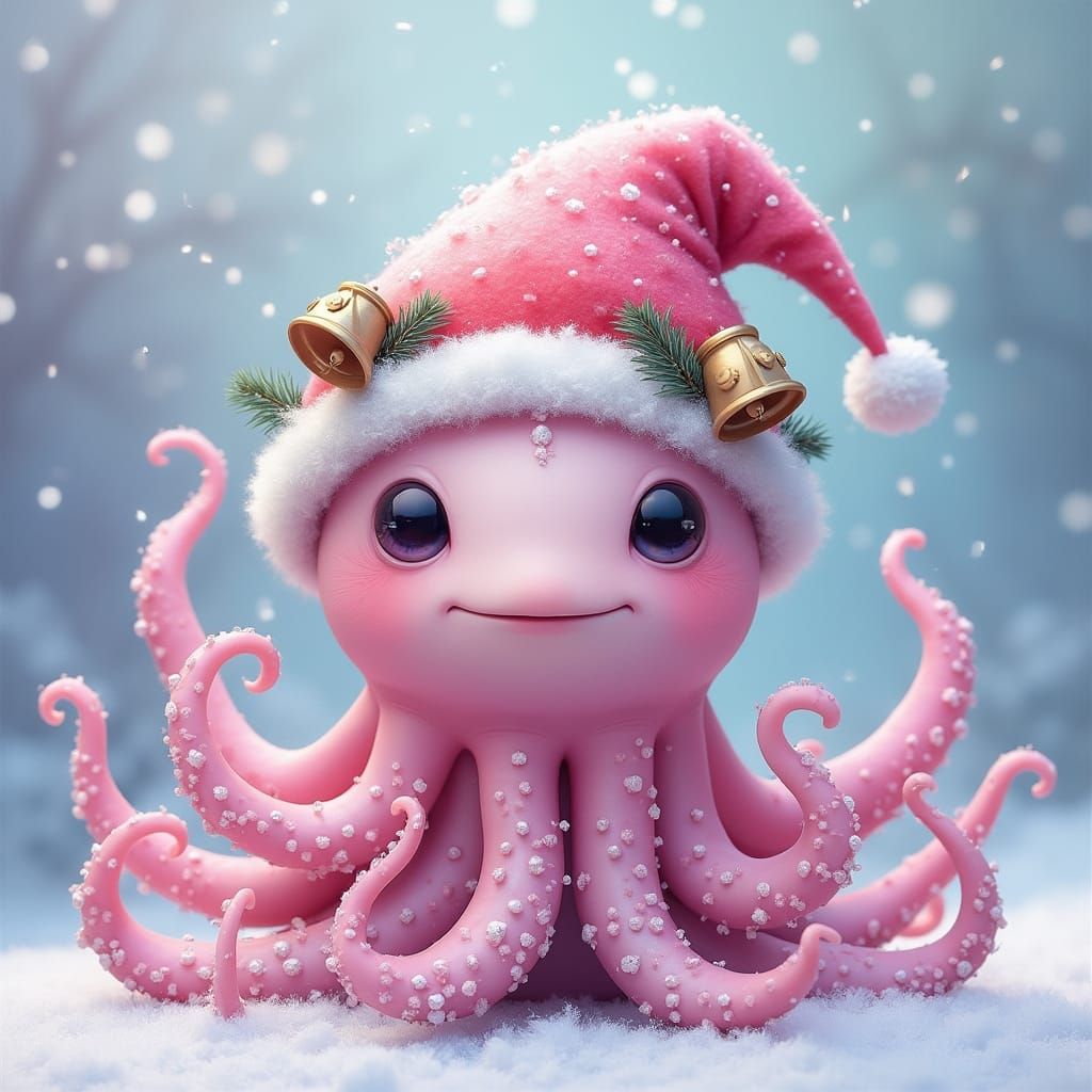 Pink Flumph with Christmas Hat in Surreal Style