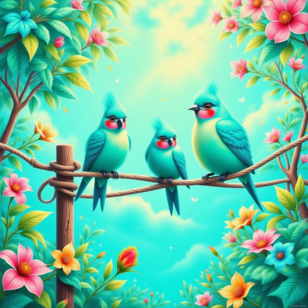 Turquoise Birds on Telegraph Wire with Pink Sky