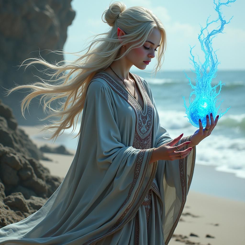 Halfling Sorceress Weaves Magic on Windswept Beach