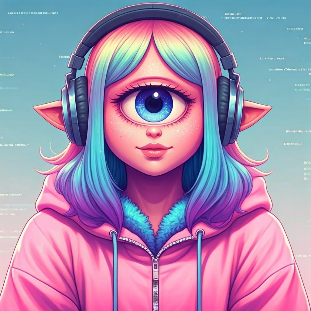 Cyclops Girl in Pastel Pink Hoodie with Oversized Headphones
