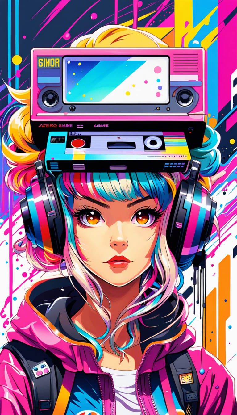 Retro Gamer Girl in Anime Graffiti Style