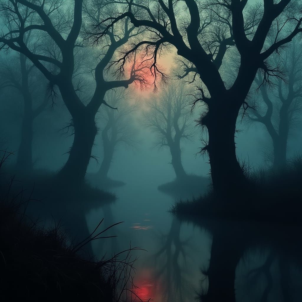 Eerie Swamp at Dusk in Beksiński-Thorp-Stalenhag Style