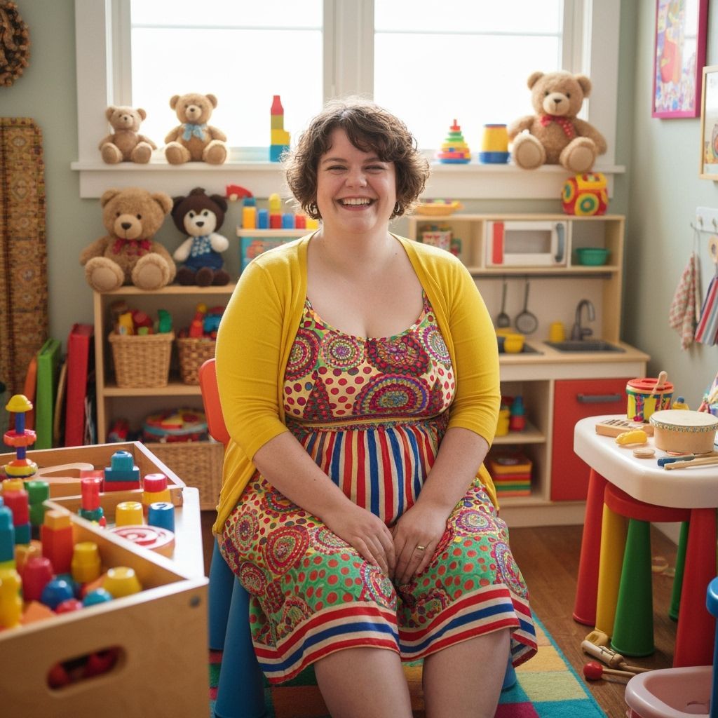 Woman in Playroom, Whimsical Illustration