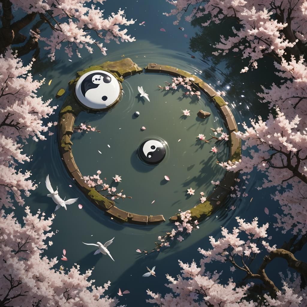 Yin Yang Symbol in Cherry Blossom Pond