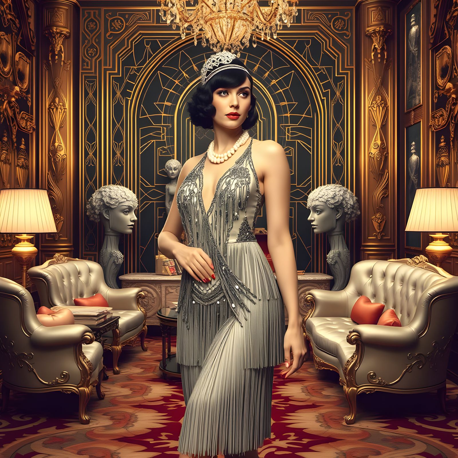 Elegant Flapper in Luxe Beaded Dress, Pearls, and Art Deco H...