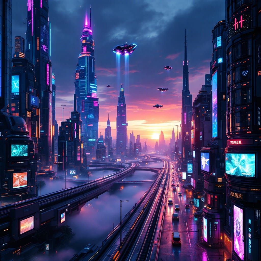 Sleek Cyberpunk Cityscape at Sunset