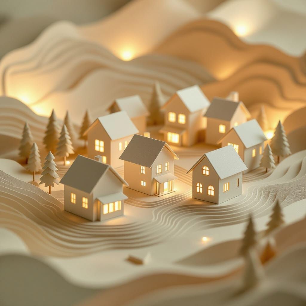 Origami Village in Layered Paper Landscape