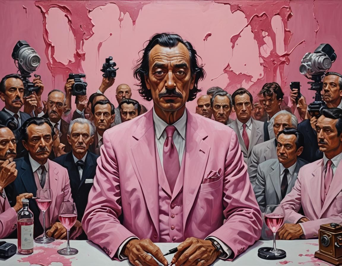 Surreal Pink Press Conference in Oil Painting Style