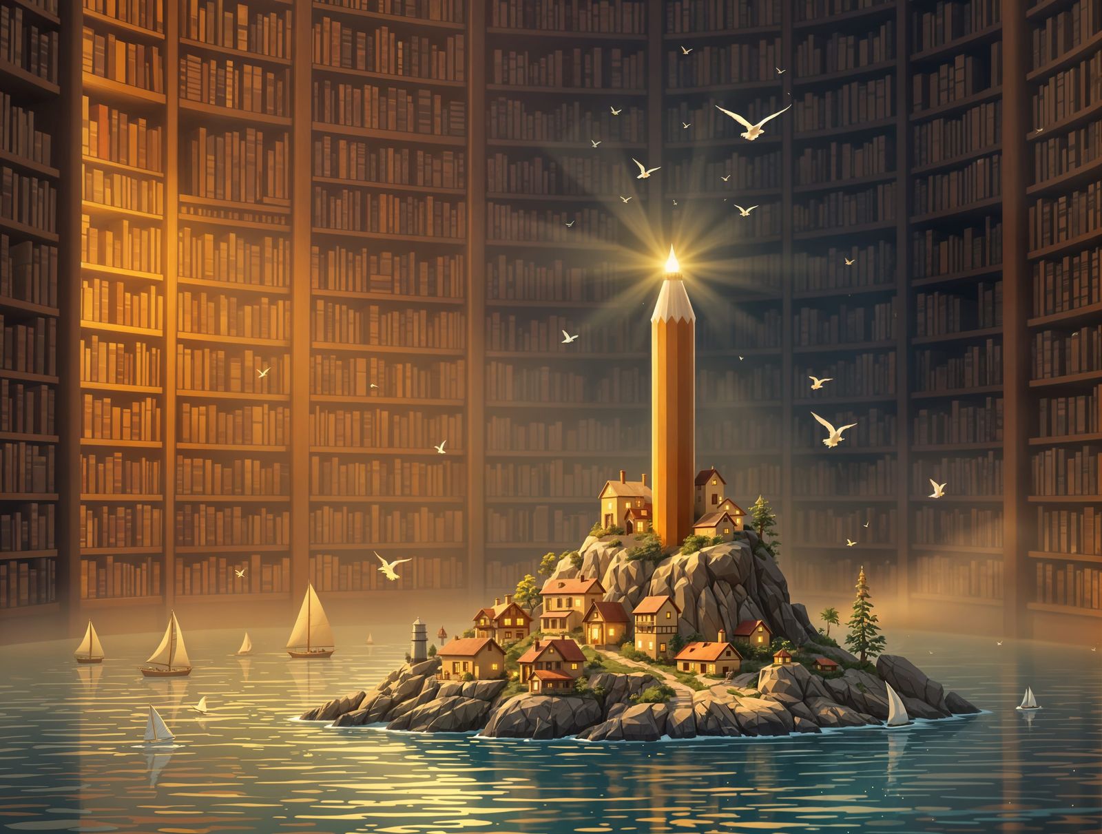 Whimsical Lighthouse on a Miniature Island in a Soft Storybo...