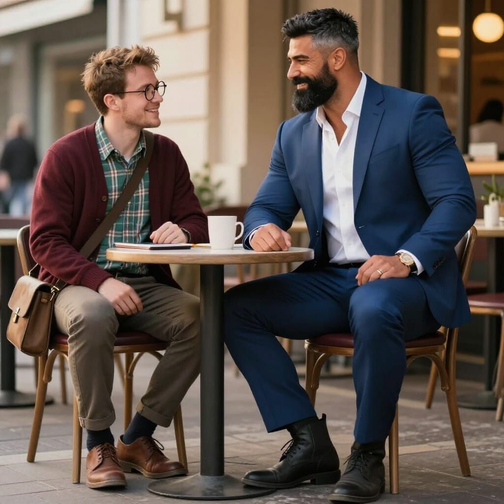 Man in Blue Suit at Cafe Table, Photorealistic Style