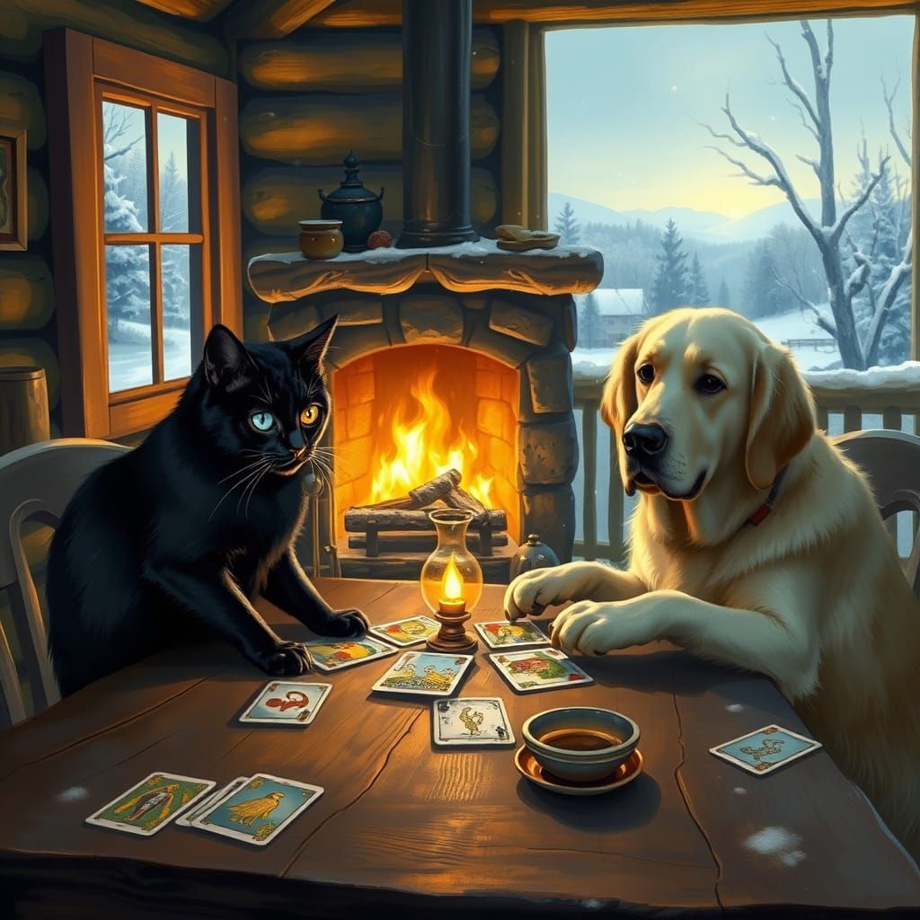 Cat and Dog Play Tarot in Vermont Cabin