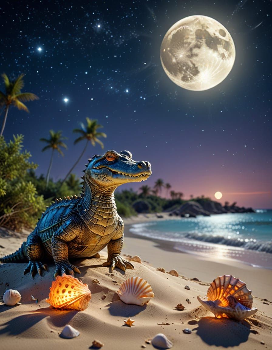 Moonlit Crocodile Silhouette on Steampunk Beach