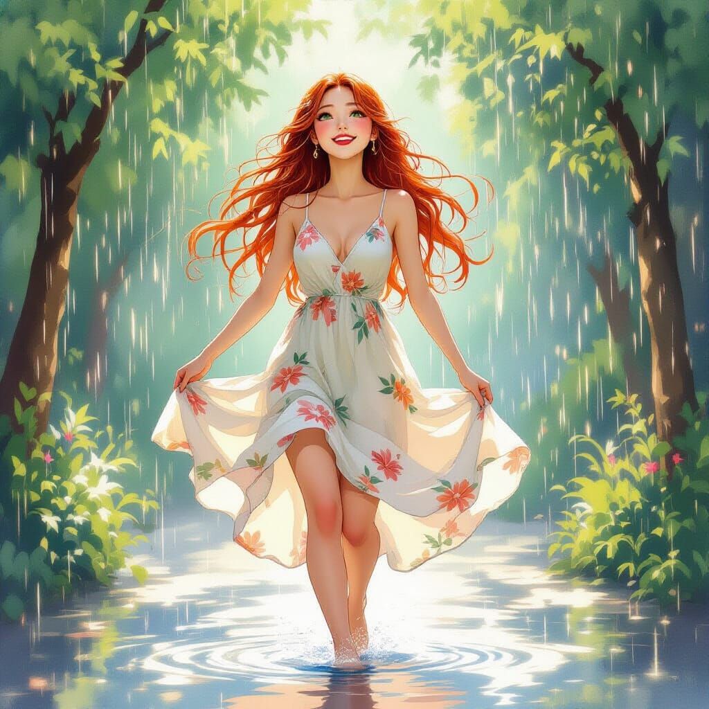 Joyful Woman Dancing in Gentle Summer Rain