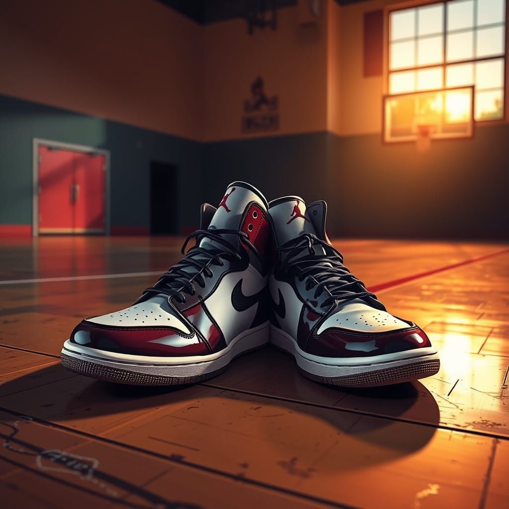 Sleek Air Jordans on Wooden Basketball Court at Sunset