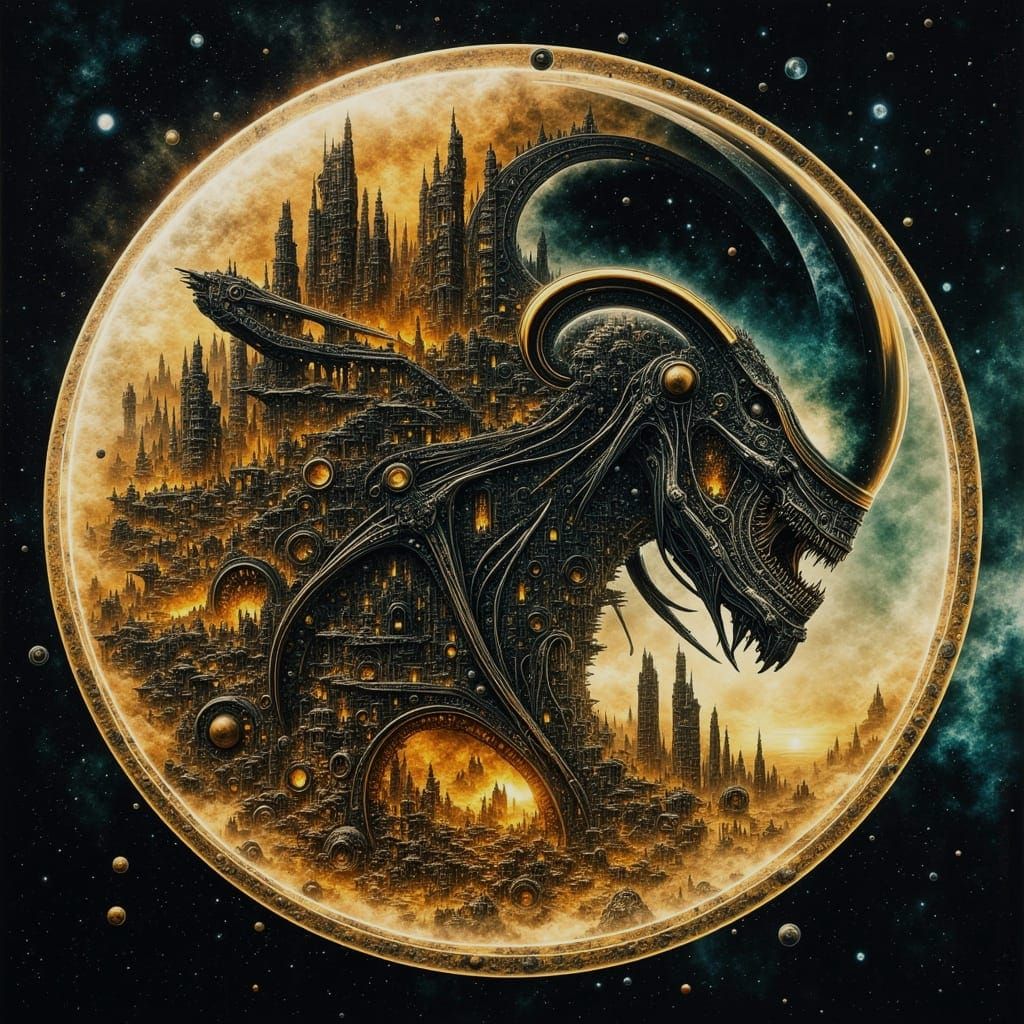 Cyberpunk Xenomorph Sigil in Cosmic Ruins