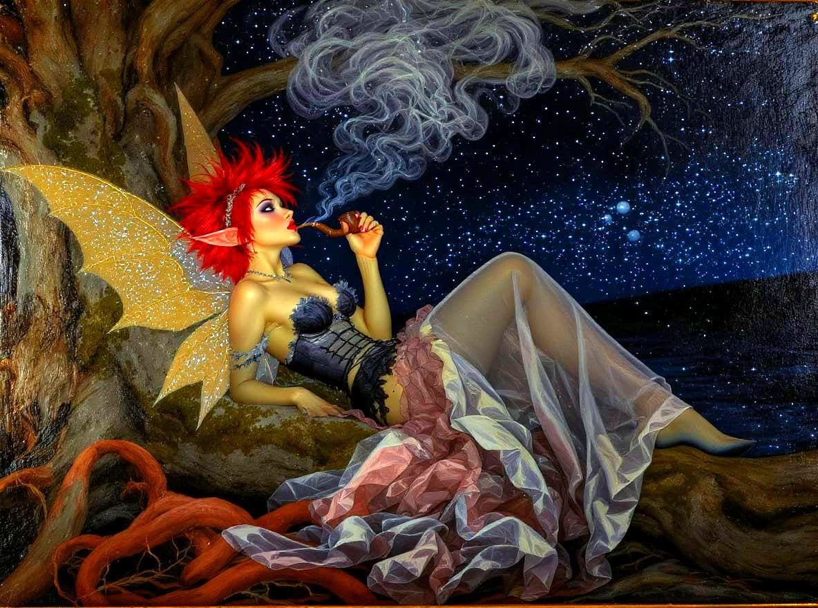 Punk Pixie Smoking Dragon Pipe in Starry Night
