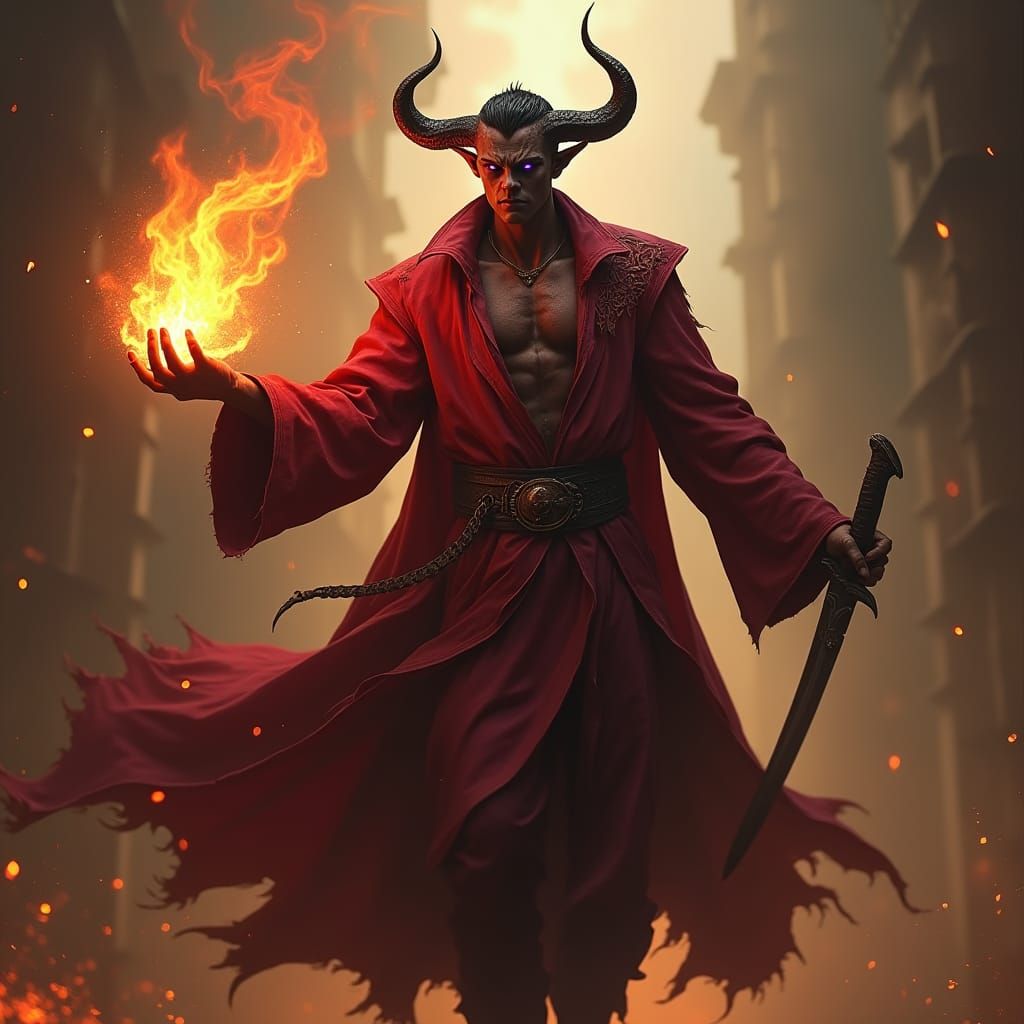 Floating Tiefling Sorcerer with Fireball