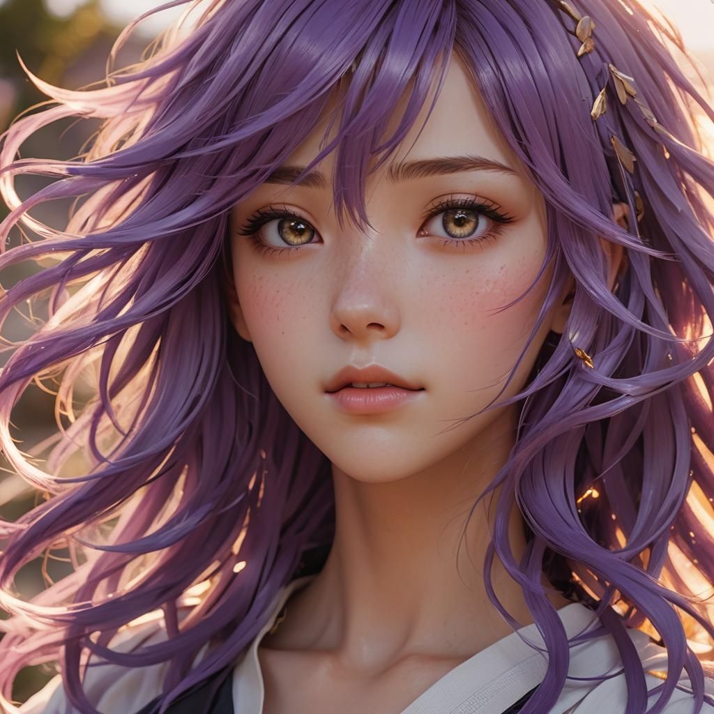 Anime Girl with Violet Hair in Golden Hour