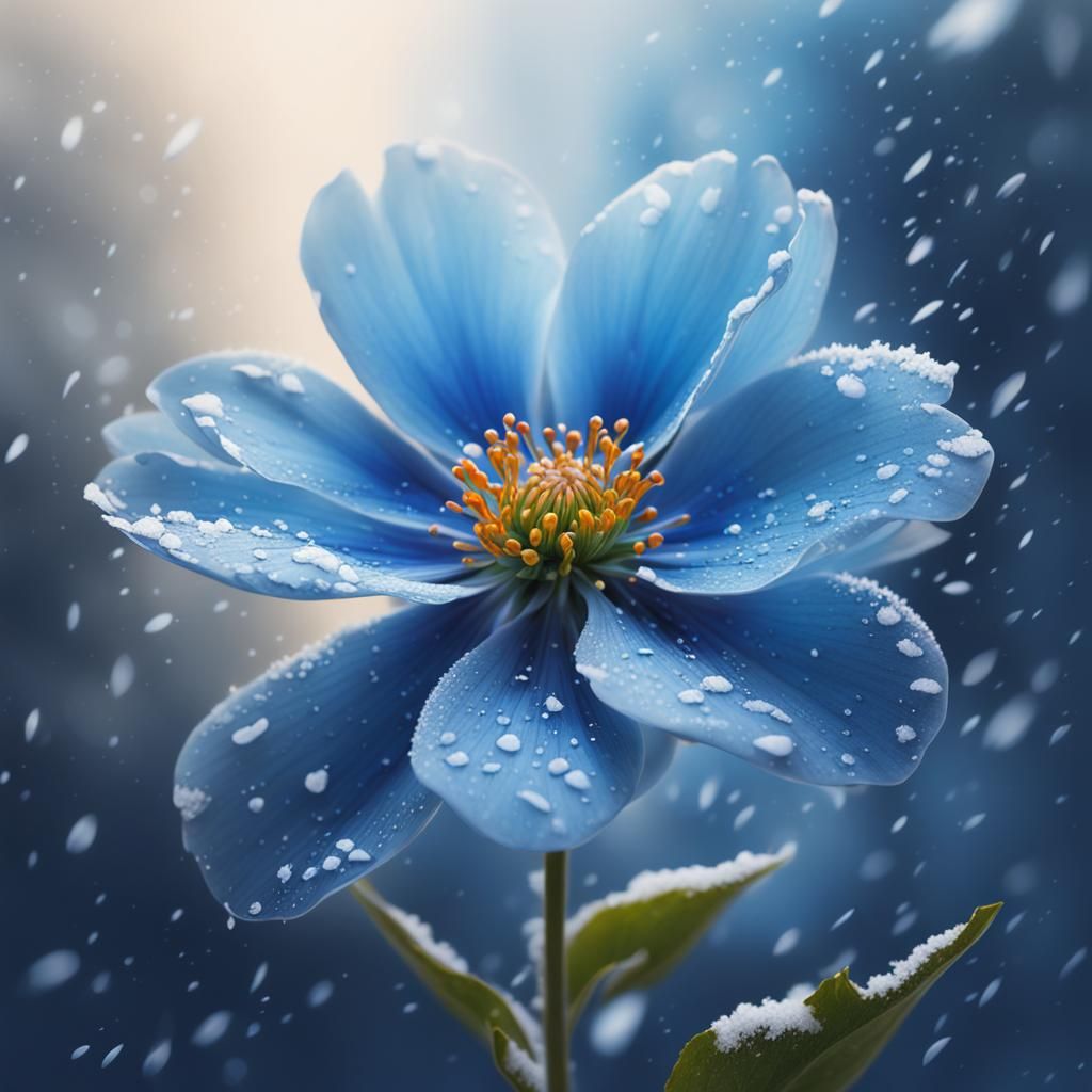 Blue Flower with Snow: Hyperrealistic Concept Art