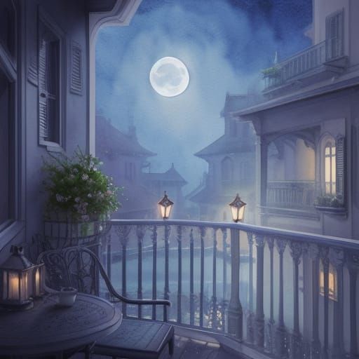 Moonlit Balcony in Watercolor Style
