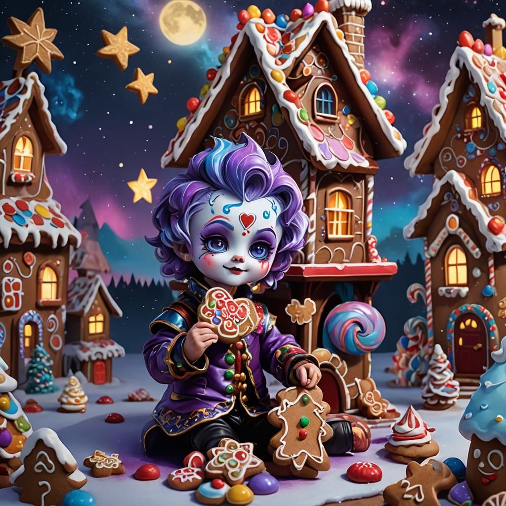 Chibi Harlequin's Gingerbread Feast Under Neon Aurora