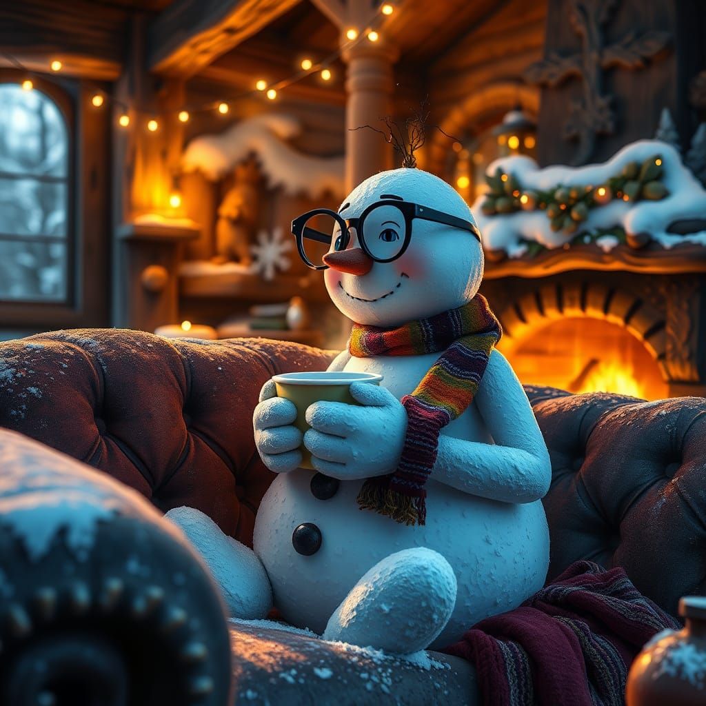 Whimsical Snowman Enjoying Hot Chocolate by Fireplace