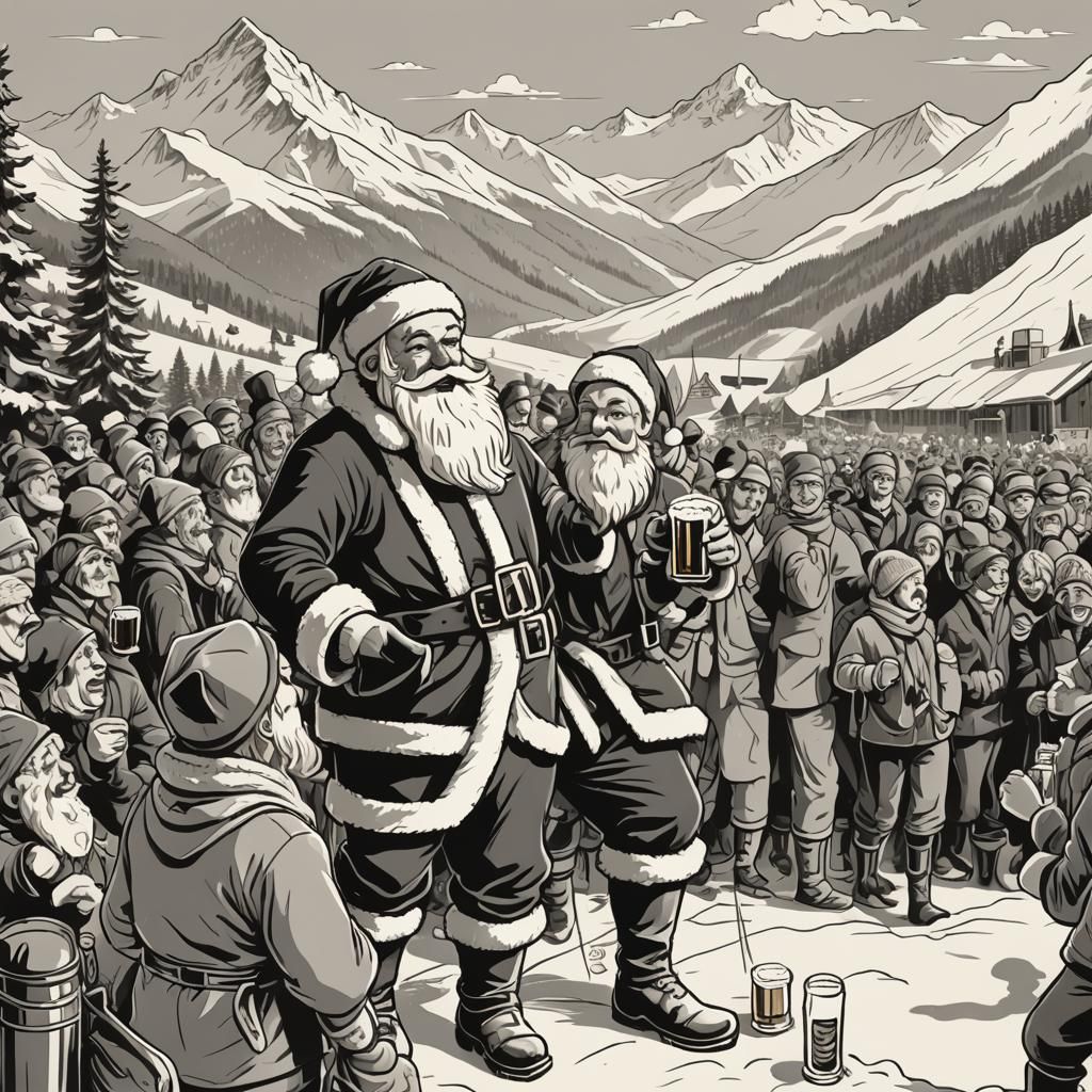 Santa's Wild Après-Ski Party: A Cartoonish Line Art Illustra...