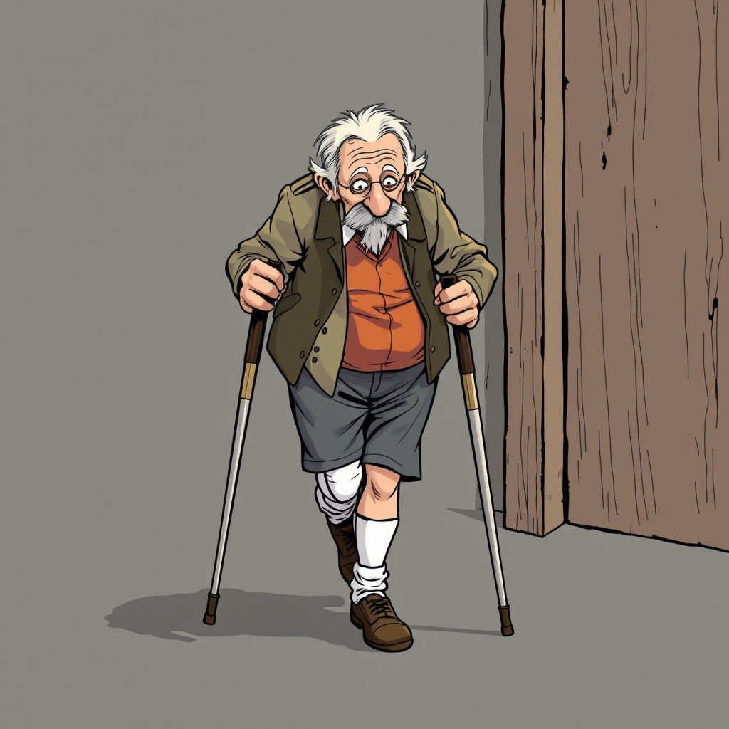 Cartoon Old Man With Broken Leg in Comic Style