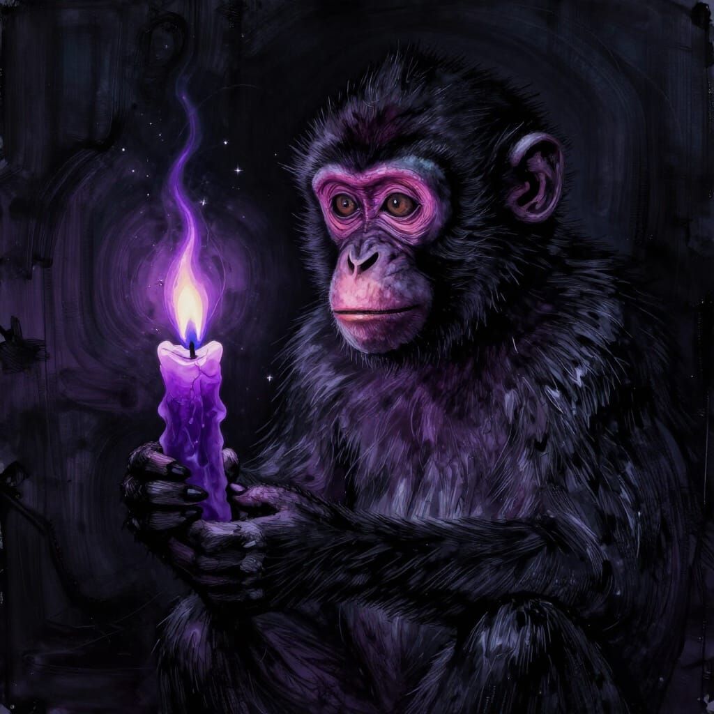 Mysterious Monkey Holds Eerie Purple Flame Candle