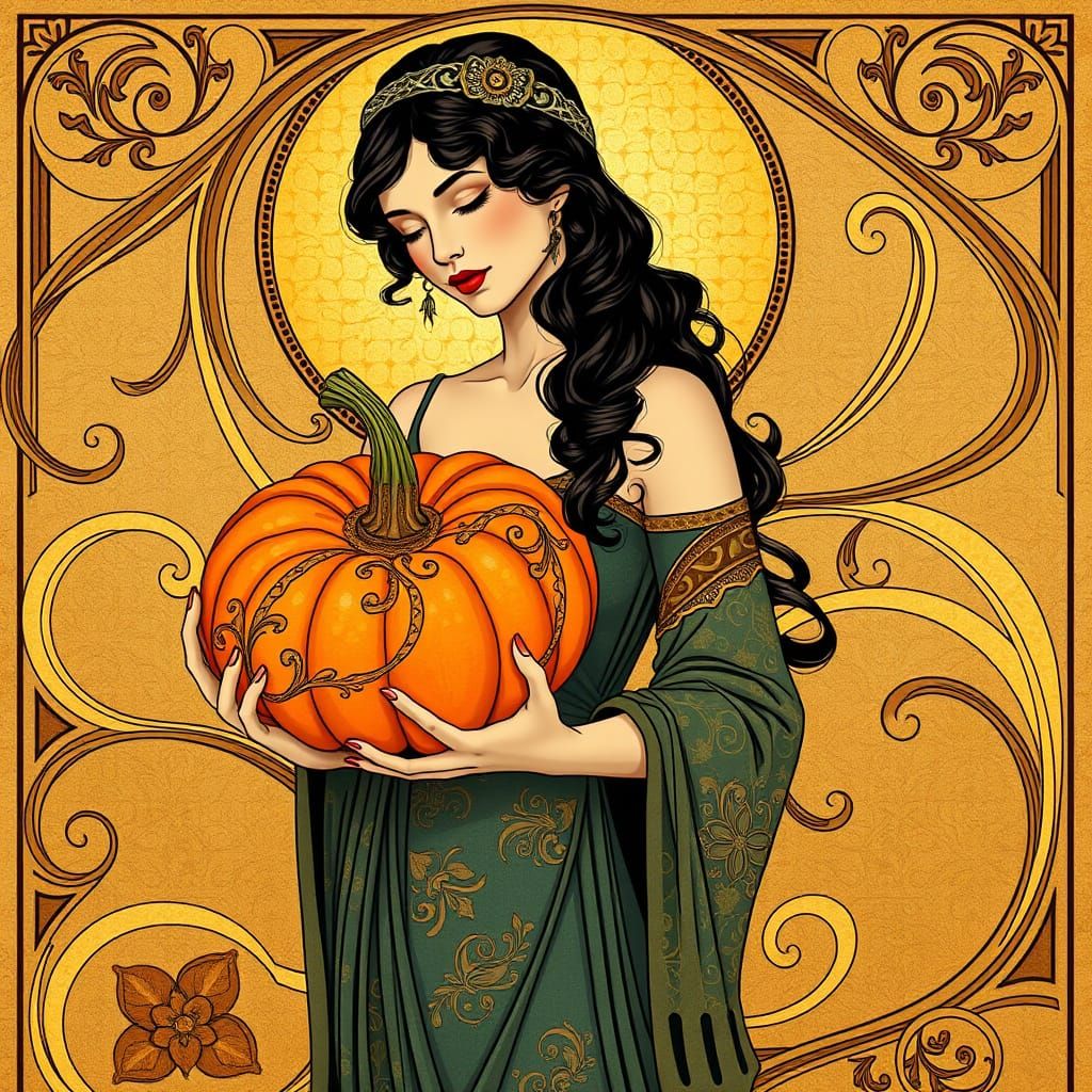 Art Nouveau Woman with Halloween Pumpkin Poster
