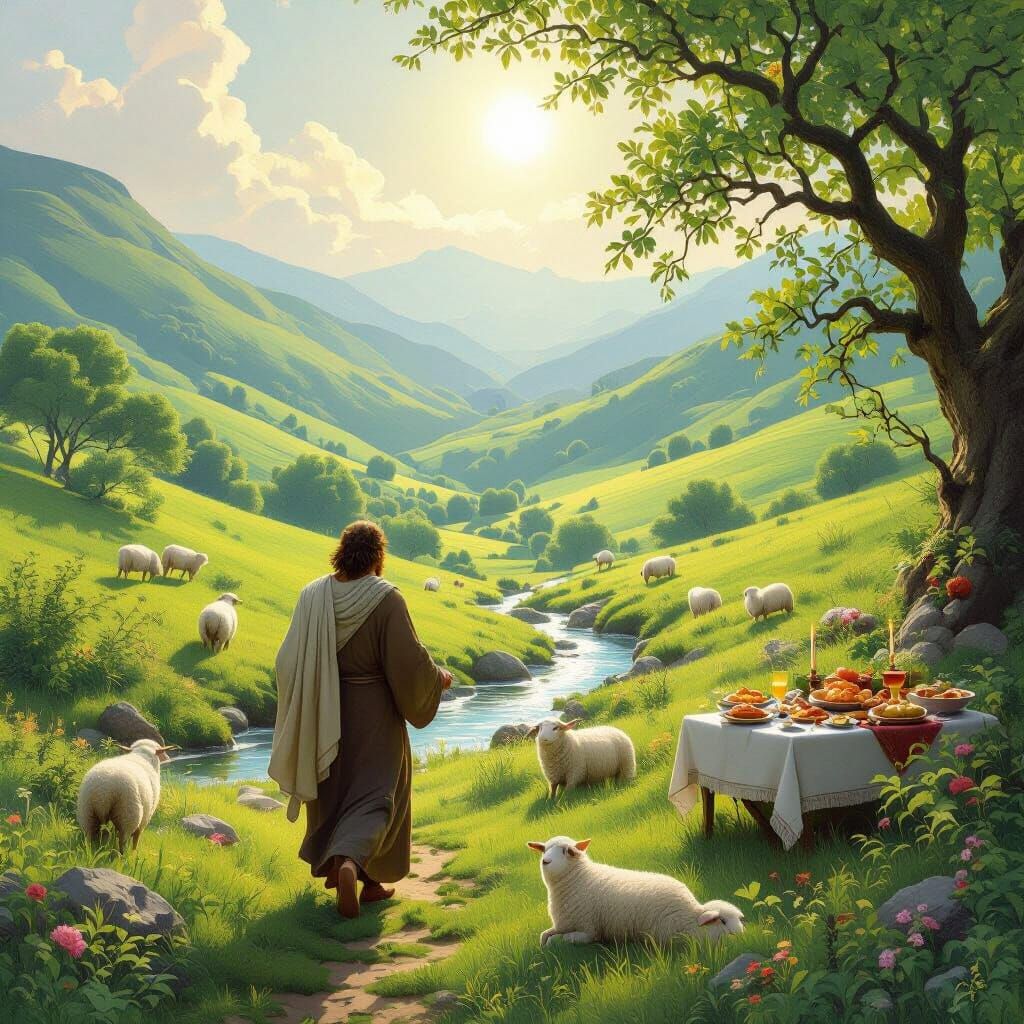 Man Finds Peace in Lush Valley with Divine Light