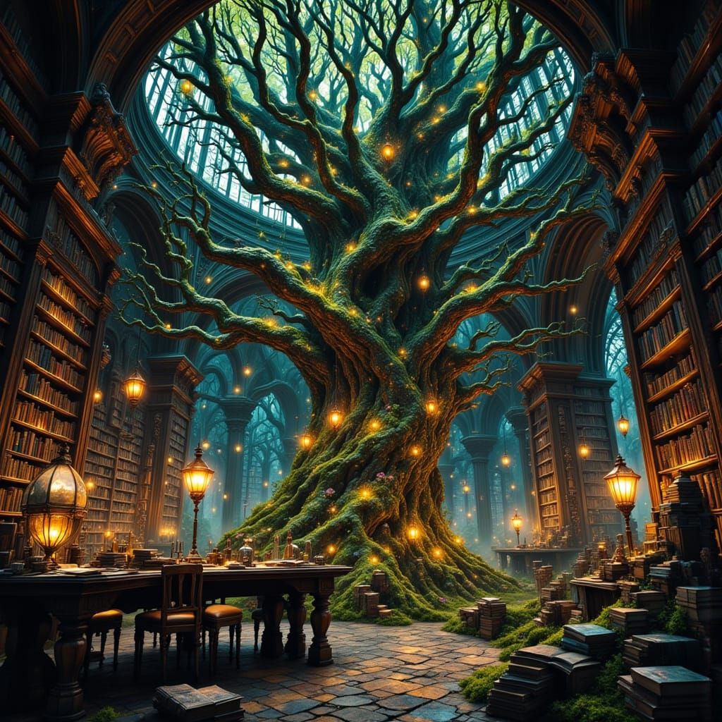 Enchanted Library with Floating Books and Glowing Lights