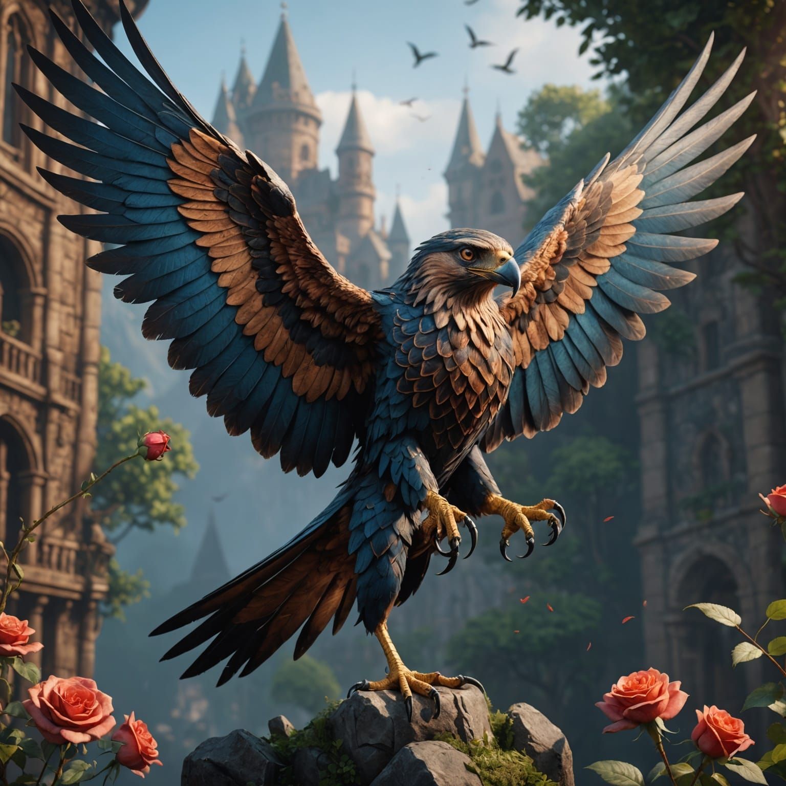 Wooden Bird of Prey with Rose, Detailed Matte Painting
