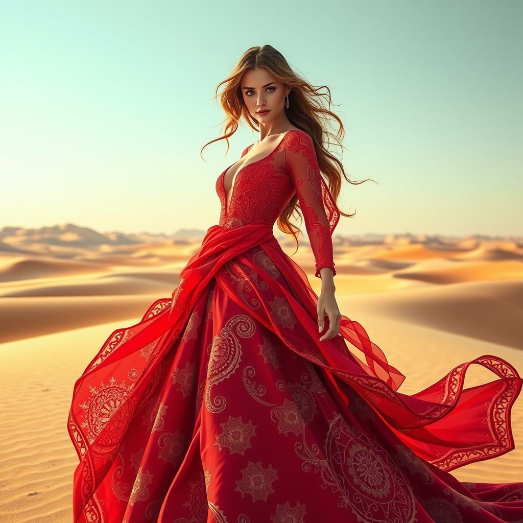 Regal Woman in Infinity Red Gown in the Desert