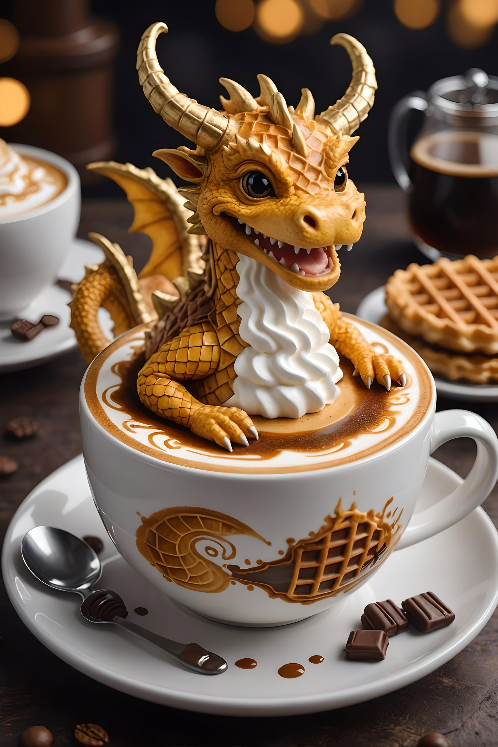 Cute Waffle Dragon Latte Art in 3D