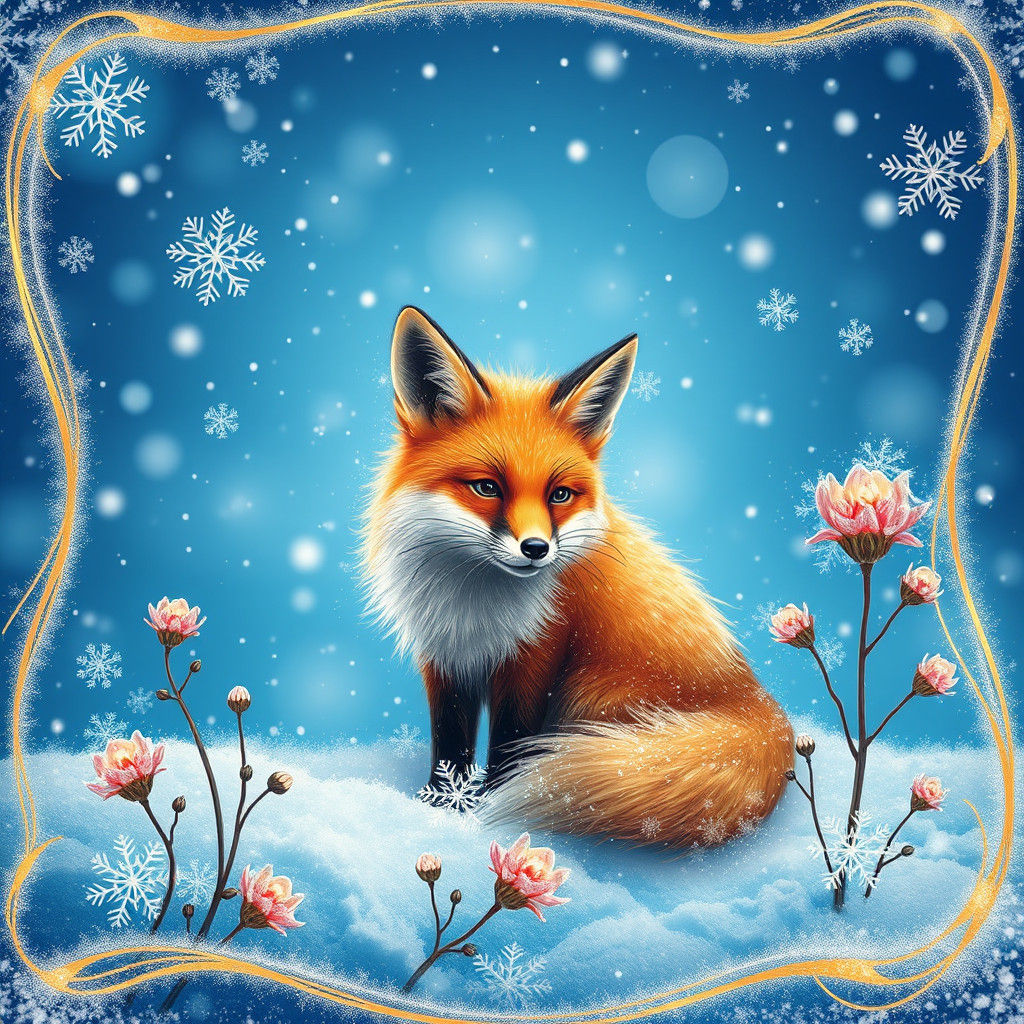 Golden Christmas Fox in Winter Wonderland