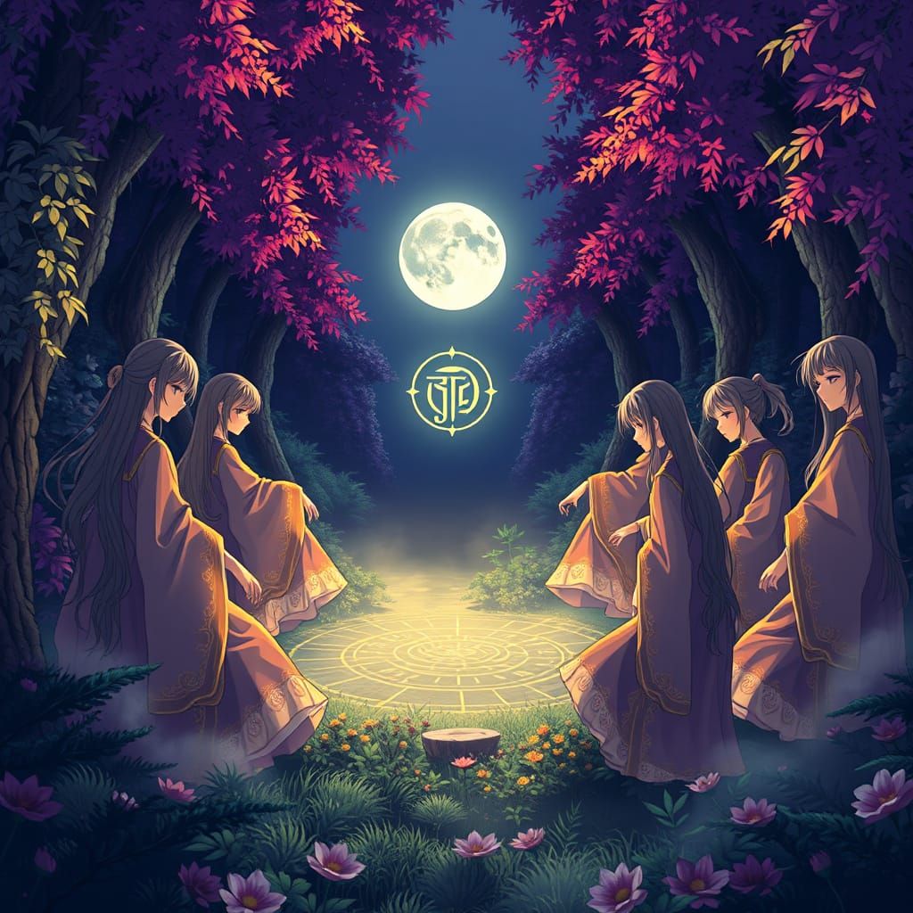 Anime Girls Perform Ritual in Misty Grove