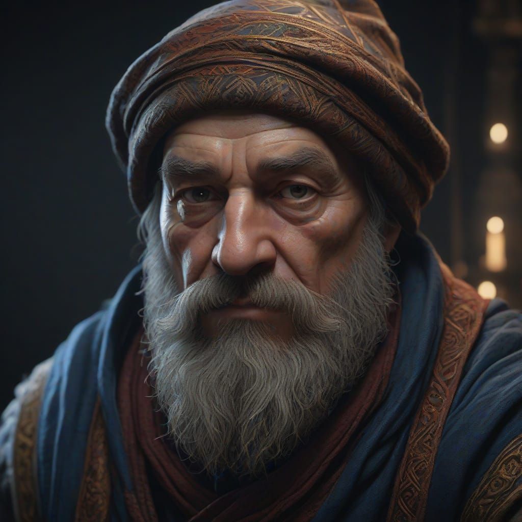 Intricately Patterned Dwarf Wizard Portrait in Earthy Tones