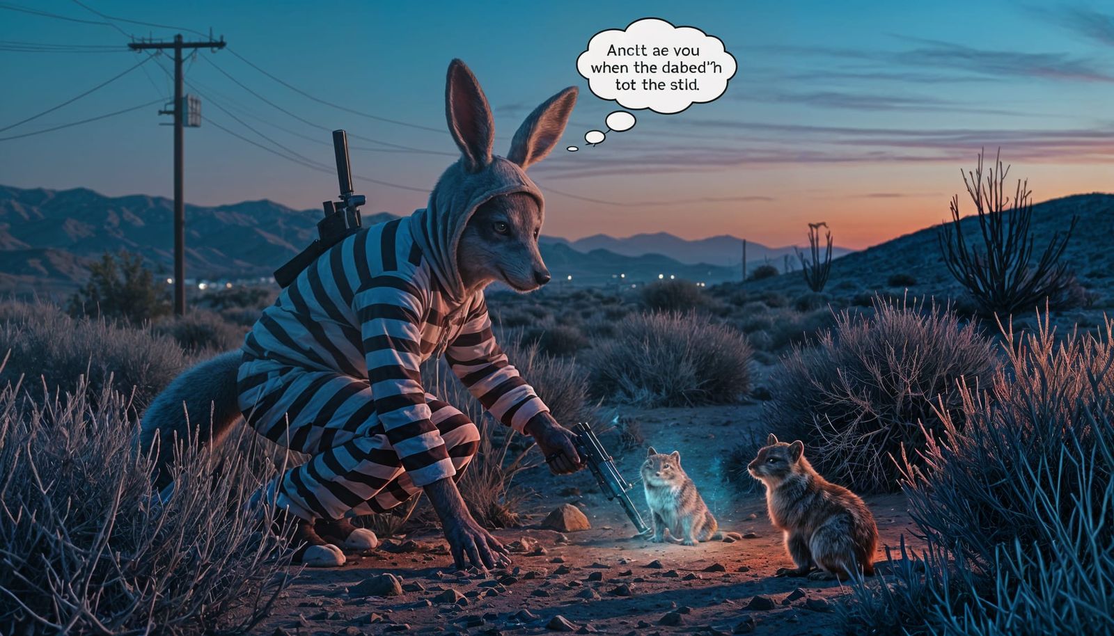 Cunning Wolf in Rabbit Costume with Pistol in Twilight Scrub...