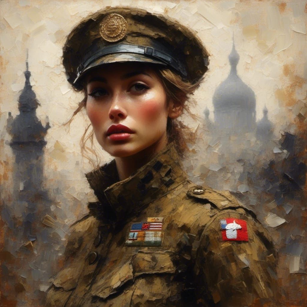 Glorified close up soldier woman........