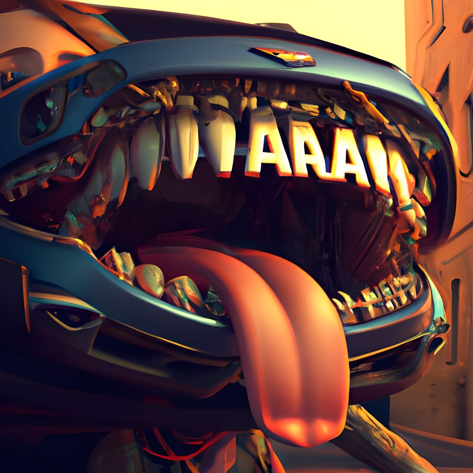 Classic Car in Girl's Mouth: Dark Fantasy Concept