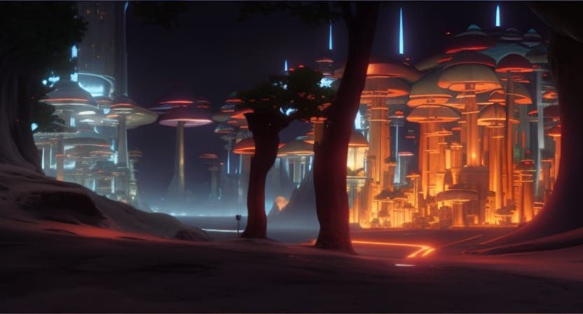 Photorealistic Digital Matte Art Painting of Mushroom Metropolis Major City Architecture at Night by Studio Ghibli and M...