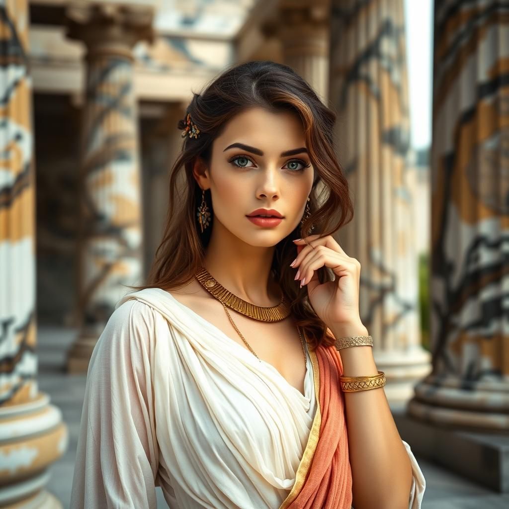 Brunette in Greek Dress with Gold Jewelry
