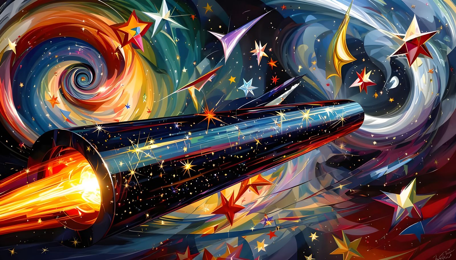 Sleek Cylinder with Iridescent Exhaust in Cosmic Vortex