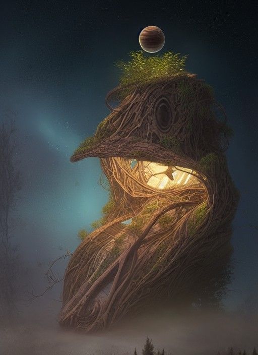 Earthy Spaceship Made of Wood and Vines